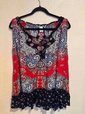 Bila Multi Colored Red and Blue Paisley Tank Top with Navy Trim Ruffled Hem.